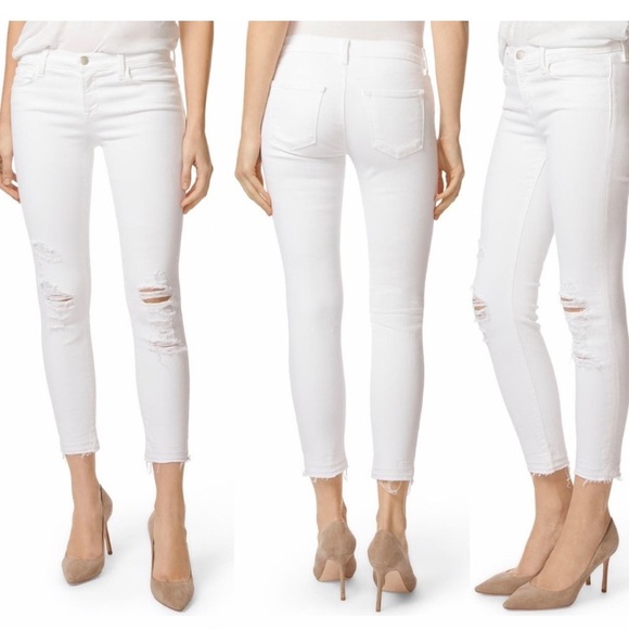 J BRAND Low Rise White Ankle Skinny Cropped Distressed Jeans Frayed Hem - Picture 1 of 6